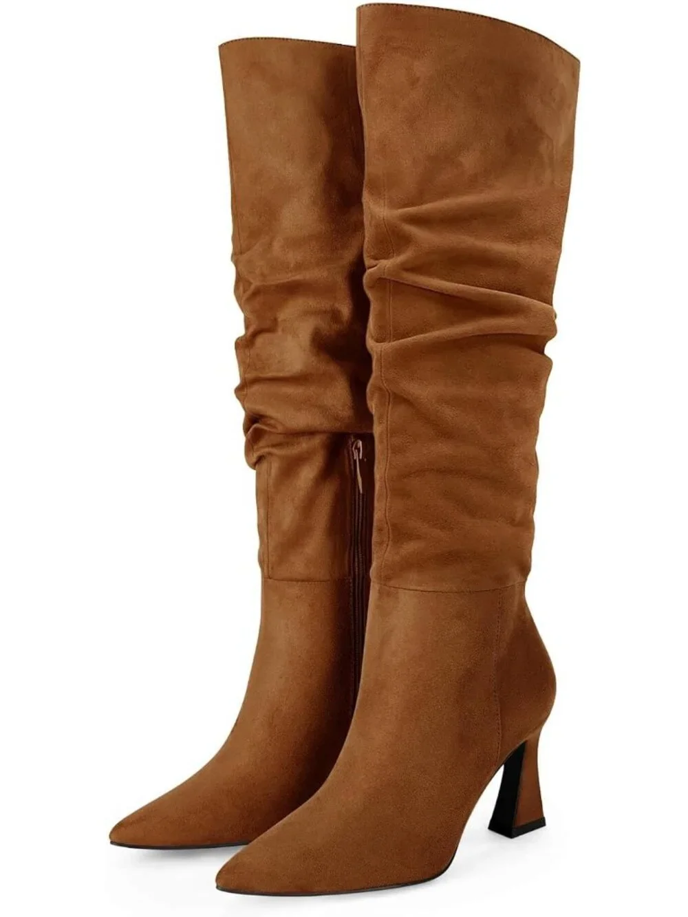 Women's Brown Suede Wide Calf Pointed Toe Side Zipper Slouchy Knee High Boots